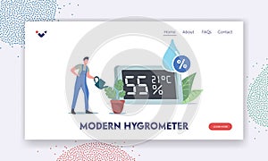 Modern Hygrometer for Air Humidity Measurement Landing Page Template. Tiny Male Character Watering Plants photo