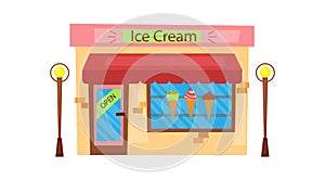 Modern Ice Cream Cafe With Showcase With Many Types of Ice Cream Isolated On the White Background. Cartoon Flat Style photo