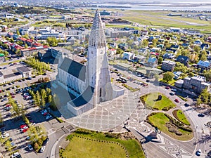 Modern Iceland Reykjavik architecture. Aerial photo. religious building from the top. Aerial dron photo photo