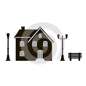 Modern icon silhouette with cozy home, house, cottage, banch and