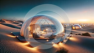 Modern igloo tents designed for luxury desert camping, set against a twilight sky filled with stars.Geodesic domes