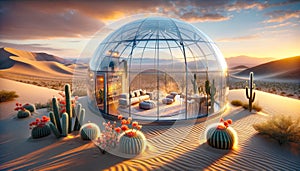 Modern igloo tents designed for luxury desert camping, set against a twilight sky filled with stars.Geodesic domes