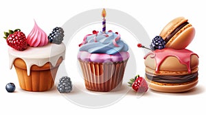 Modern illustrated sweet cake, muffin with birthday candle, macaron, ice cream decorated with fresh berries, appetizing