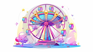 Modern illustration of carousel at a carnival funfair, an amusement park. Roundabout observation wheel isolated on white