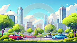 Modern illustration of cars in a parking lot in a summer city. This is a modern cityscape with skyscrapers, a park with