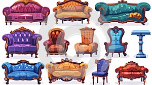 Modern illustration of cartoon couch and sofa furniture. A classic and modern design, made of leather, fabric, buttoned