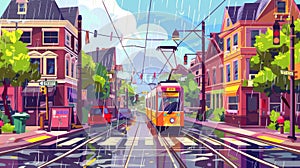 Modern illustration of a city street in rainy weather with houses, trams, and an empty car road with pedestrian crossing