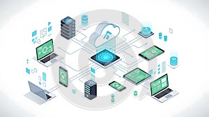 A modern illustration of cloud computing and data transfer between devices
