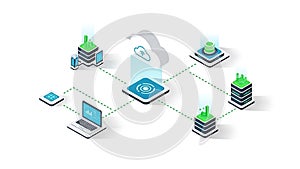 A modern illustration of cloud computing and data transfer between devices and servers