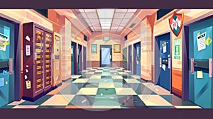 Modern illustration of college campus hall with lockers, vending machines, schedule, and parallax background. Cartoon