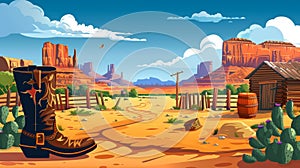 Modern illustration of cowboy boots with spur on an American ranch. Wild west landscape with wooden fence and someone