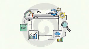 SEO Optimization, Website Speed, and Cloud Hosting Illustration