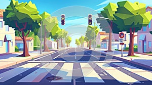 The modern illustration depicts a summer town street with a pedestrian crosswalk, sewage grate on the pavement, bus stop