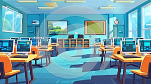 Modern illustration of an elementary school computer class room with a teacher and student. A college digital classroom