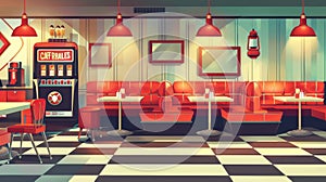 Modern illustration of an empty American retro 50s diner interior design. Vintage fast food cafe with red couches