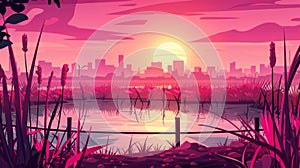 Modern illustration of an evening city park with grass and reeds at sunset. Water pond near a metal fence at a