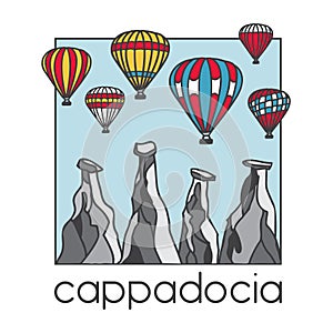 Modern illustration of a famous turkish travel destination Cappadocia. Bright striped air balloons and chimney rocks.