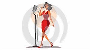 In this modern illustration, a female singer at the microphone is performing a song. A gorgeous girl in an elegant dress
