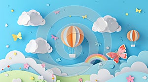 Modern illustration with fluffy clouds on blue sky background, summer sun, butterfly, hot air balloons, rainbow, paper