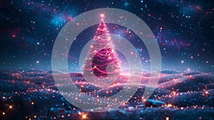 Modern illustration of a future Christmas tree with futuristic cyber icons.