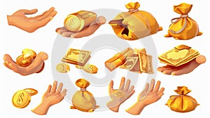 Modern illustration of a hand holding money, card, sack, and gold ingot with the concept of payment, wealth, on white