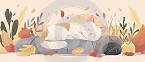 Modern illustration of Happy Thanksgiving to you typography with a cat sleeping on a dog, a hamster sleeping on a cat