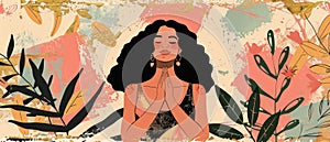 Modern illustration of a happy woman performing the namaste gesture. Her hair flutters in the breeze as she holds her