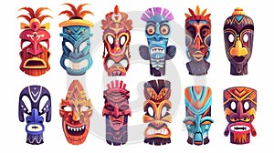 Modern illustration of Hawaiian traditional carved wooden accessory for magic ritual, home decoration for protection -