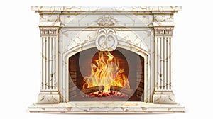 Modern illustration of hearth in stone frame without pilasters and empty mantelpiece isolated on white background. White photo