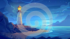 Modern illustration of a lighthouse on a beach near the sea. Beautiful nature scenery at midnight. Fantasy adventure bay