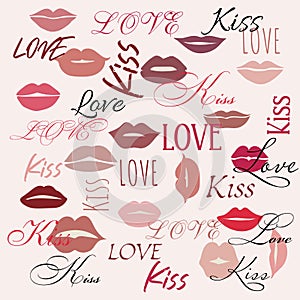 Modern illustration, lips and words kiss