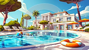 Modern illustration of a luxury resort hotel with swimming pool and palm trees on the side of the pool. It also includes