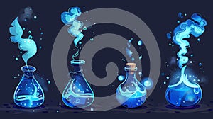 Modern illustration of magic blue elixir in a glass flask or test tube with evaporation or explosion gas effect.