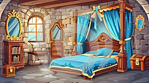 Modern illustration of medieval castle room with wooden bed decorated with blue canopy and bows, bookcase, mirror, and