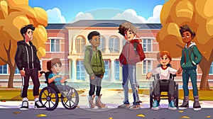 Modern illustration of multiracial handicapped children, an Asian boy on a wheelchair, and an Asian child with a hand