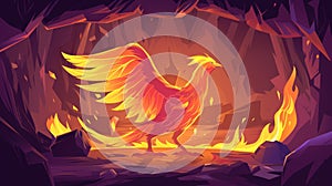 Modern illustration of a mythical phoenix or fenix fire bird in an underground cave with a burning flame. A symbol of