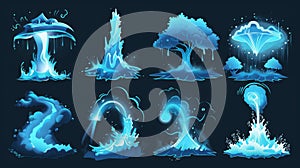 Modern illustration of neon blue wind storm vortex and magic power VFX effect. Natural disaster design elements for game