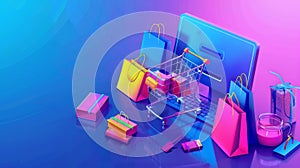 Modern illustration of online shopping on a white, isometric background. Screen shot of computer monitor and shopping