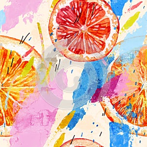 Modern illustration with orange fruit, grapefruit, grunge, watercolor textures, rough brush strokes, minimal elements