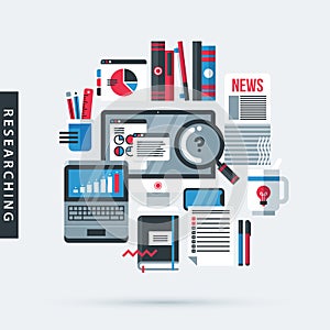 Modern illustration about researching in flat design style. Desktop computer, laptop, big magnifier, newspapers