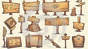 Modern illustration set of old wooden signs and banners. Cartoon template indicators of direction and destination