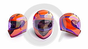 The modern illustration shows a 3D retro orange helmet with purple visor and glasses in front, back, and angle views