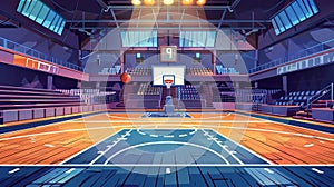 This modern illustration shows a basketball court with hoop, tribune and scoreboard. There are also seats for fans for