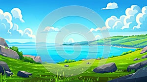 This modern illustration shows a summer landscape with a lake, green fields, and rocks. There is a river or sea strait