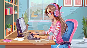 The modern illustration shows a teenager studying in headphones, typing on a keyboard, notes scattered on the desk