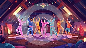 Modern illustration of a slumber party banner with people in kigurumi dancing on the roof of a house. Cartoon