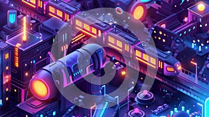 Modern illustration of smart city isometric banner, ai trains driving through hub with microcircuit elements, neon