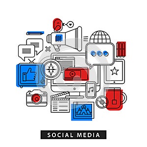 Modern illustration about social media in outline flat style. Desktop computer, TV, phone, camera, tablet etc.