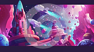 Modern illustration of a space festival cartoon web banner, an invitation to a music show or concert with a DJ