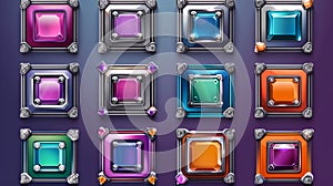 Modern illustration of square UI game frames, with silver or steel metal borders with gems. Cartoon empty metallic